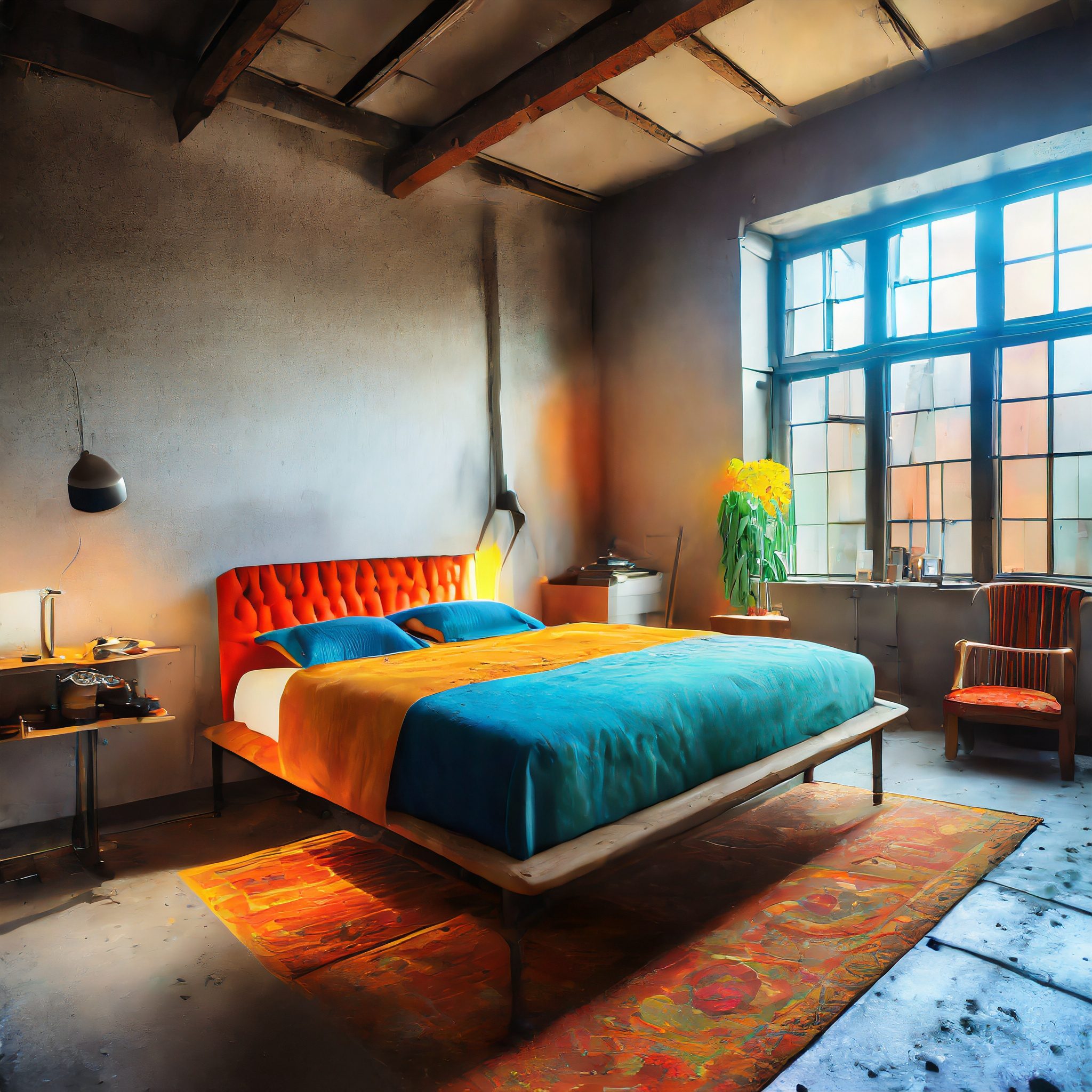 Firefly modern interior furniture of a bedroom in an old factory building; light furniture; refreshi